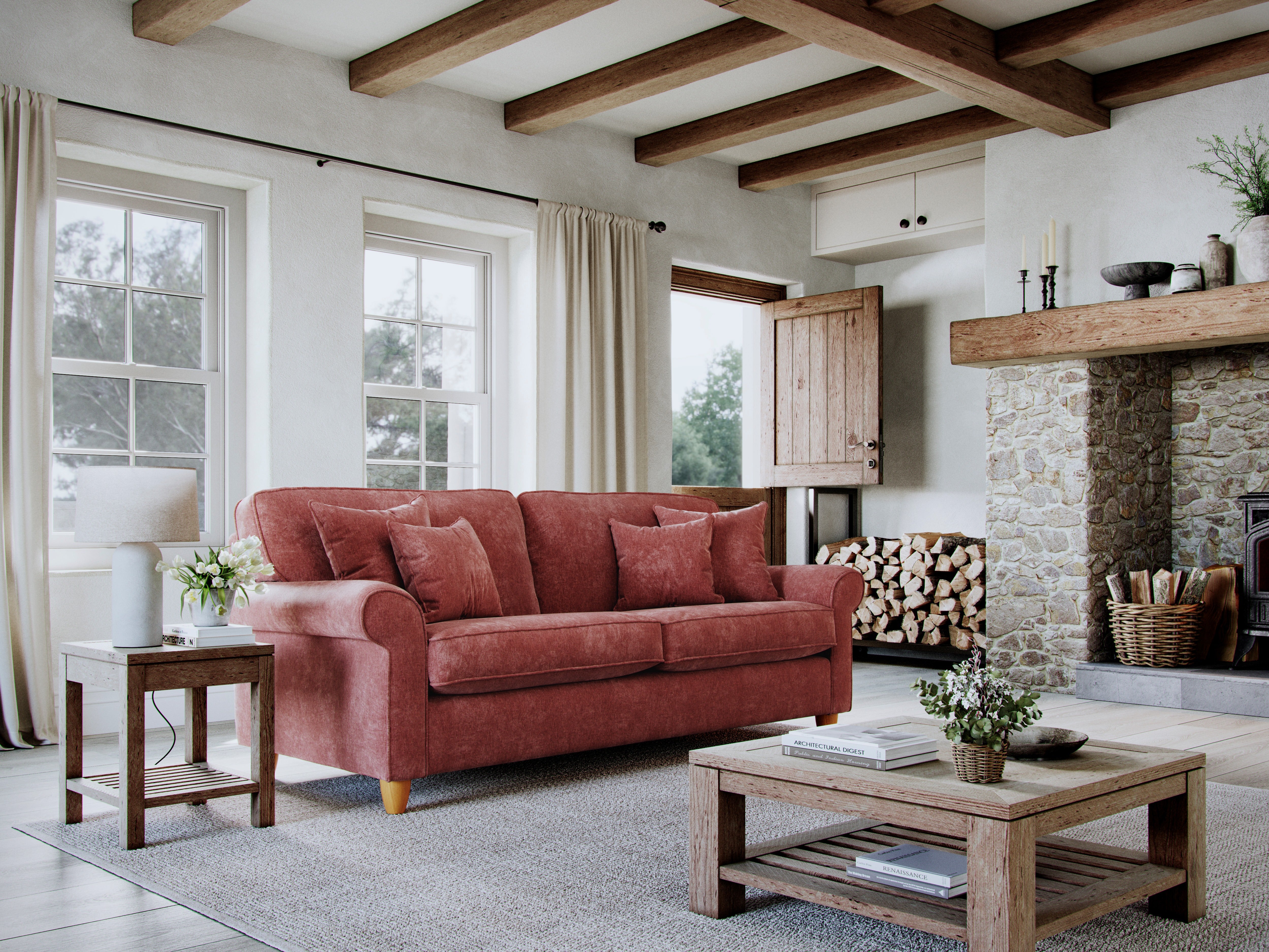 Model 33 - 2 Seater Sofa - Fabric Sofa with Rolled Arms & Scatter Cushions