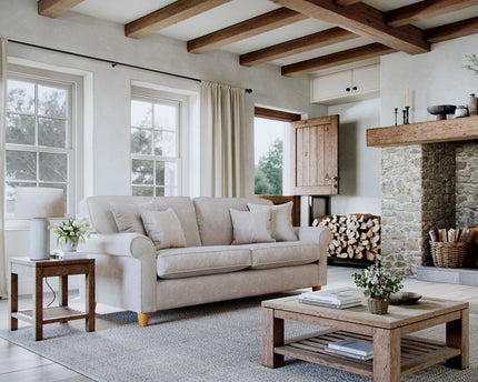 Model 33 - 2 Seater Sofa - Fabric Sofa with Rolled Arms & Scatter Cushions