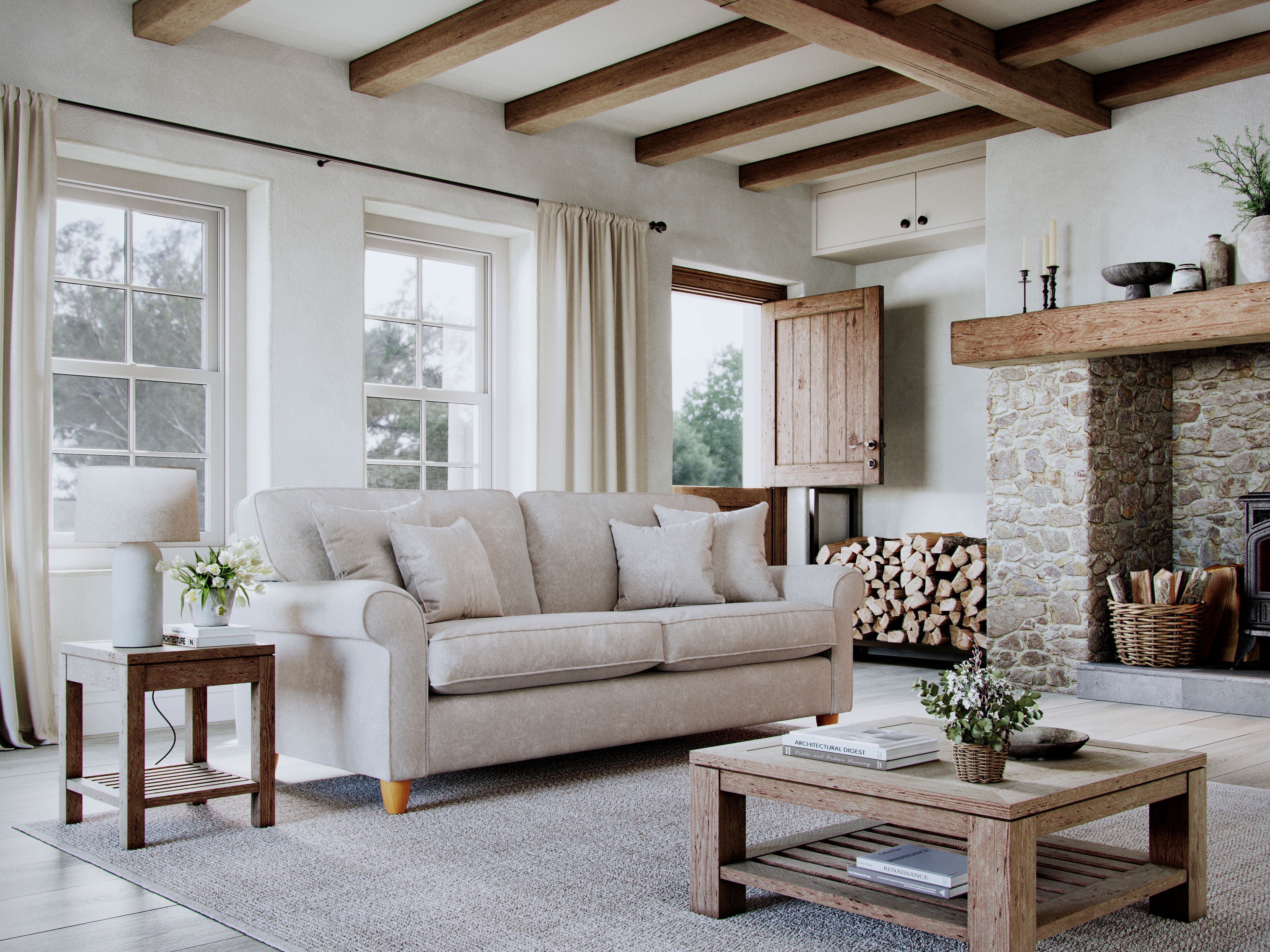 Model 33 - 2 Seater Sofa - Fabric Sofa with Rolled Arms & Scatter Cushions