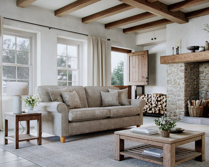 Model 33 - 2 Seater Sofa - Fabric Sofa with Rolled Arms & Scatter Cushions