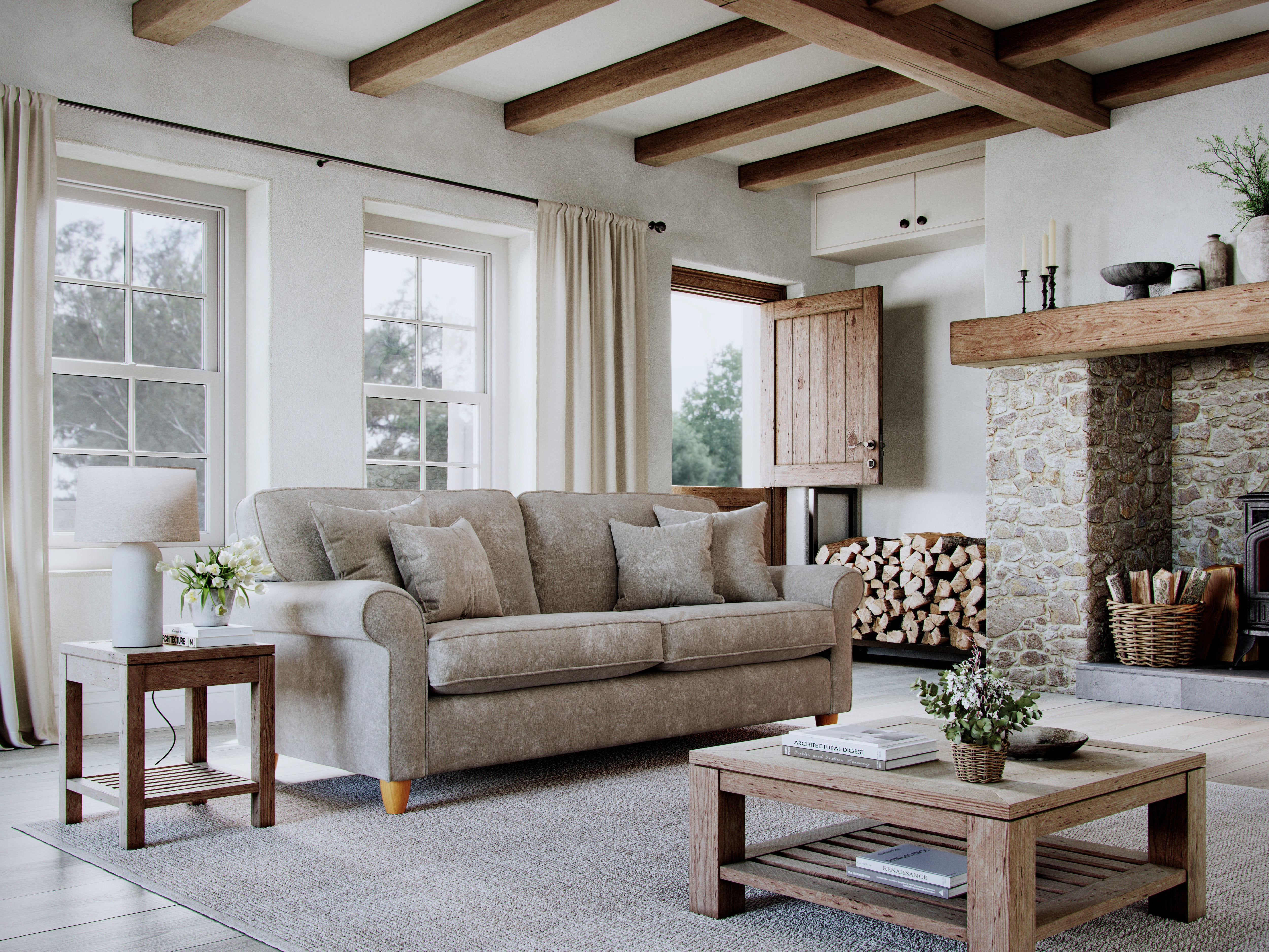 Model 33 - 2 Seater Sofa - Fabric Sofa with Rolled Arms & Scatter Cushions