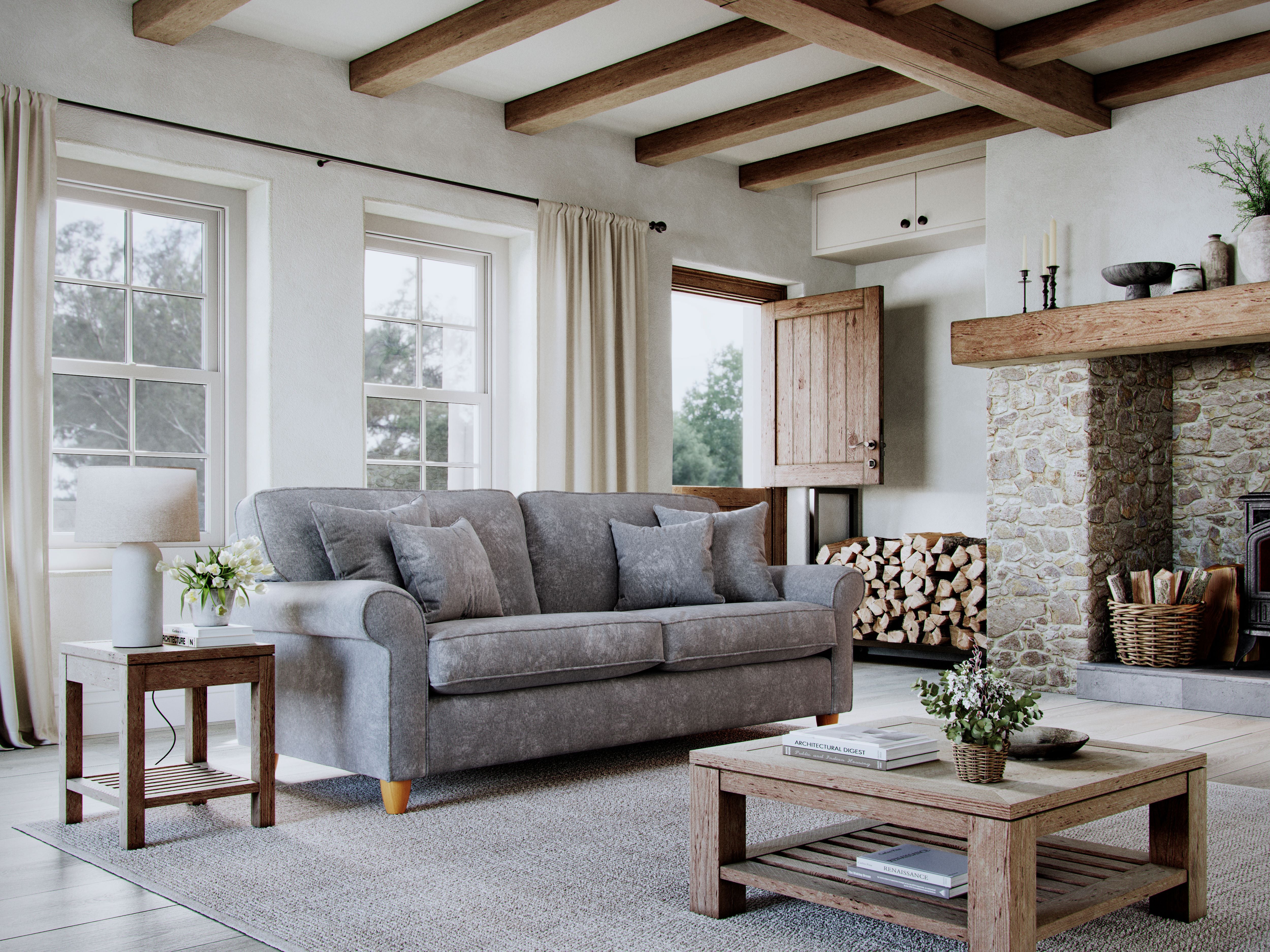 Model 33 - 2 Seater Sofa - Fabric Sofa with Rolled Arms & Scatter Cushions