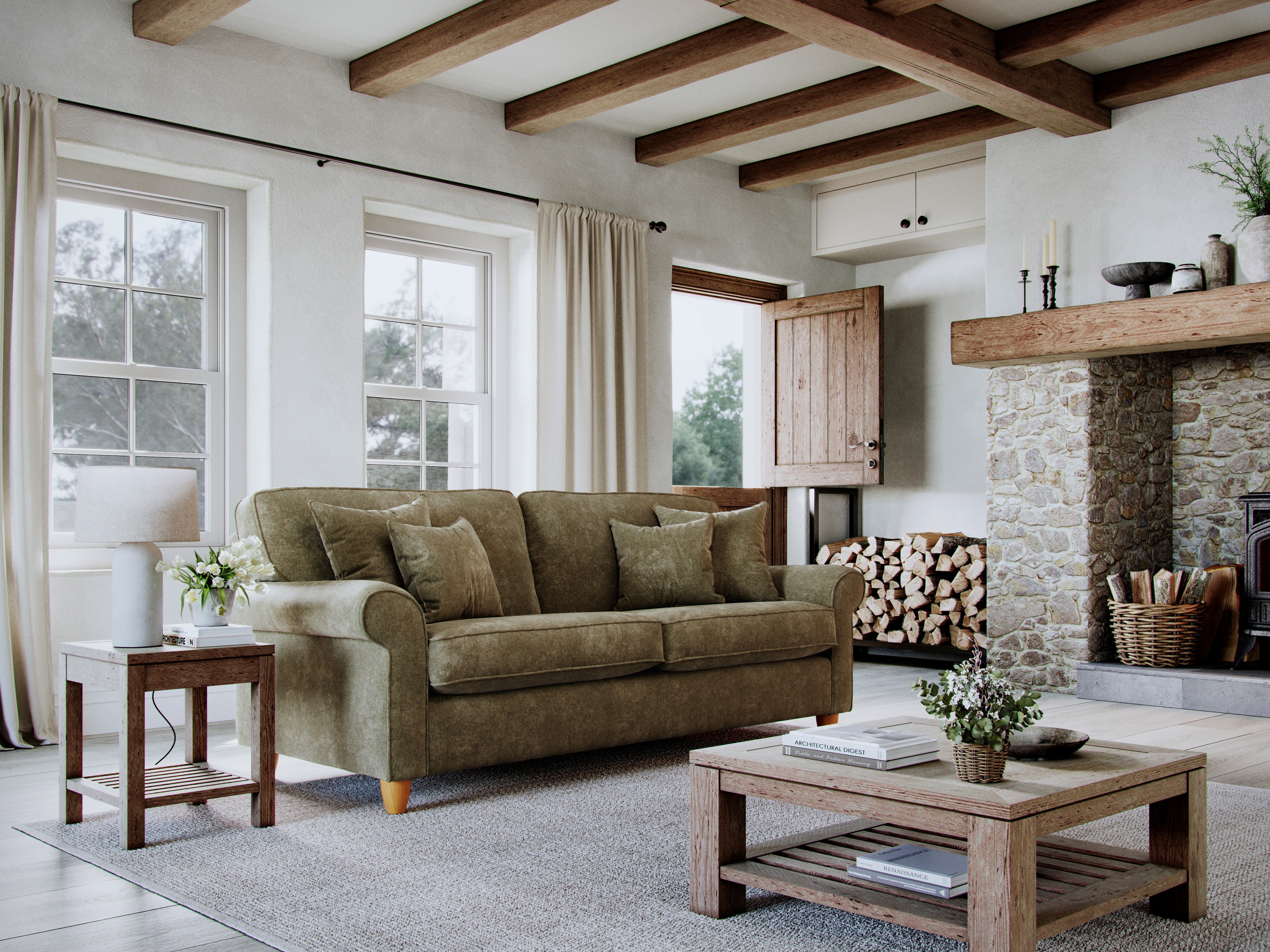 Model 33 - 2 Seater Sofa - Fabric Sofa with Rolled Arms & Scatter Cushions