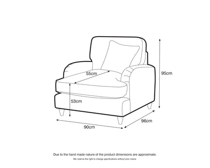 Line drawing of a chair with dimensions labeled on a white background