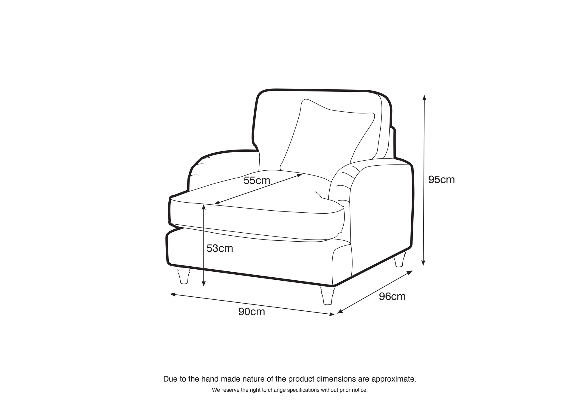 Line drawing of a chair with dimensions labeled on a white background