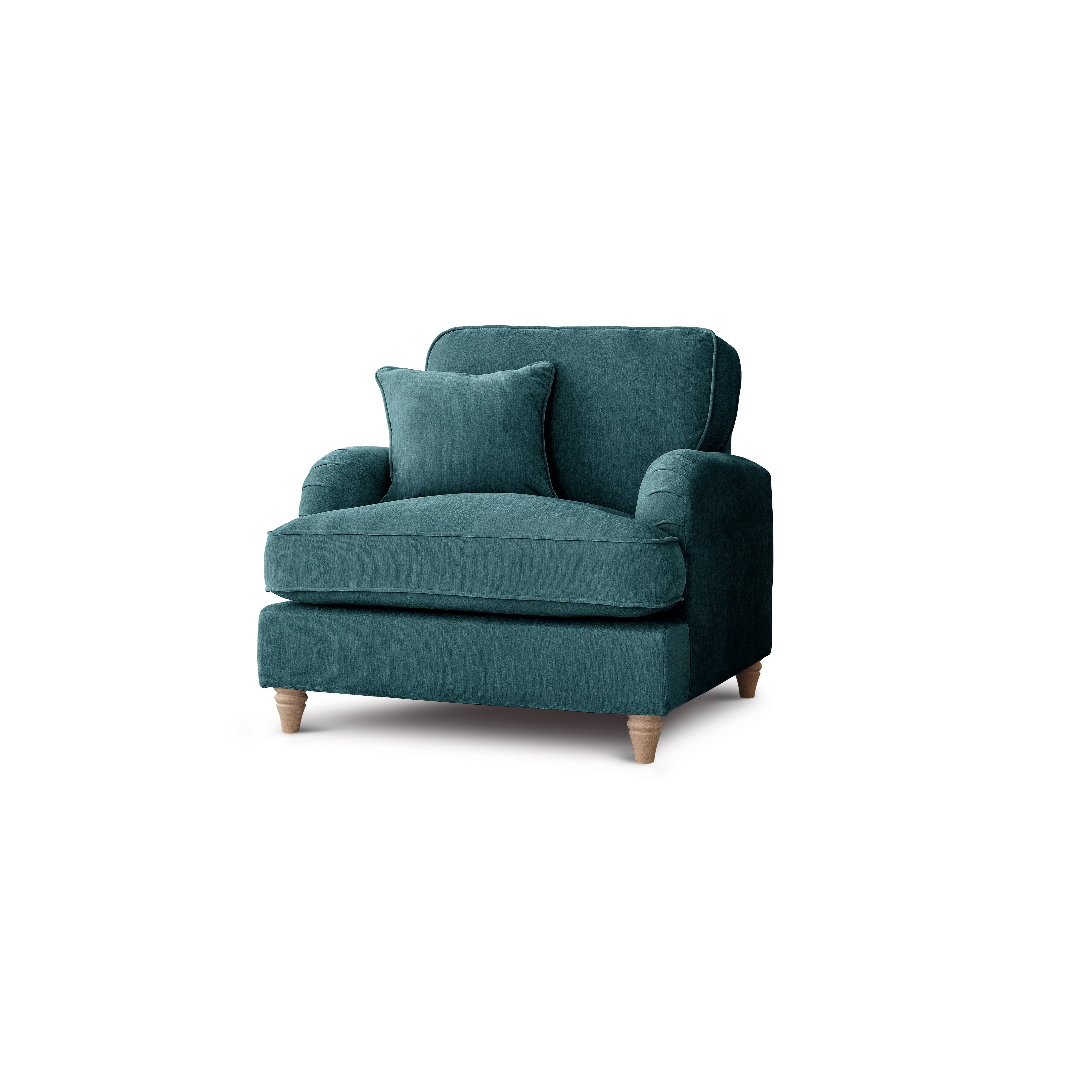 Teal armchair with a cushion on a white background