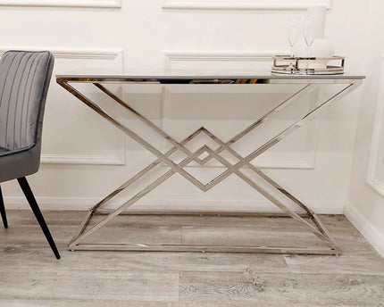 Vesta Chrome Console Table with Stomach Ash Sintered Stone Top