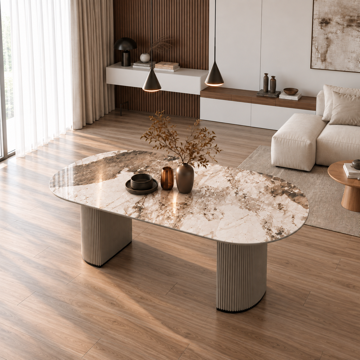 Slatted dining table grey base