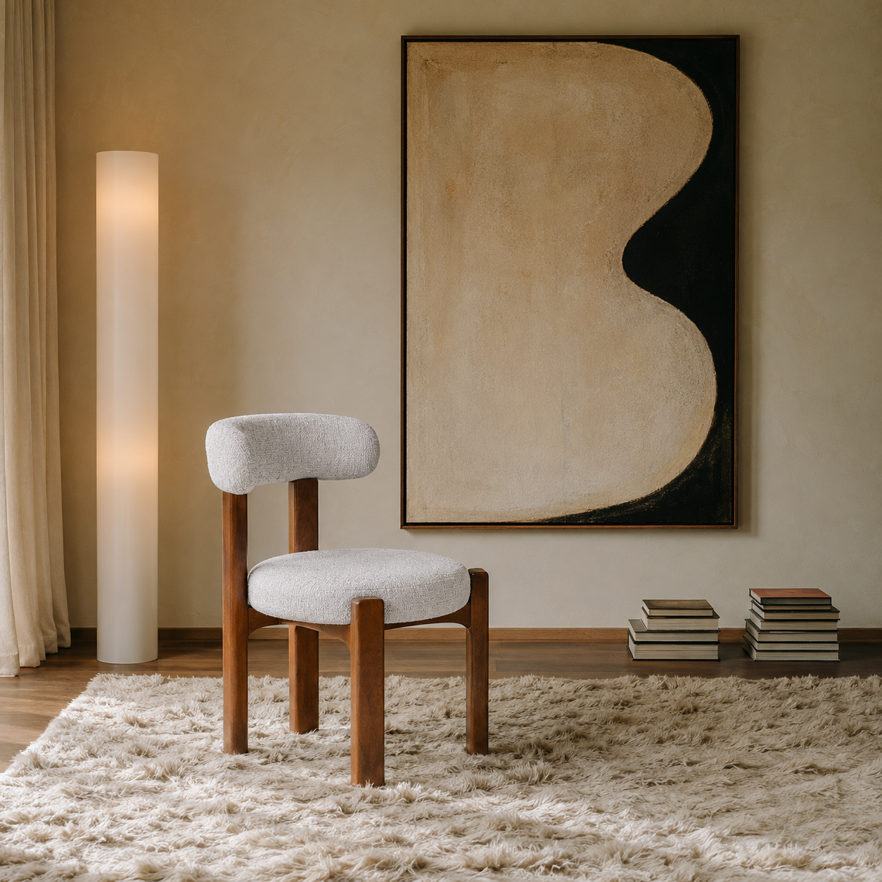 Dining chair -light grey teddy bear fabric with walnut base