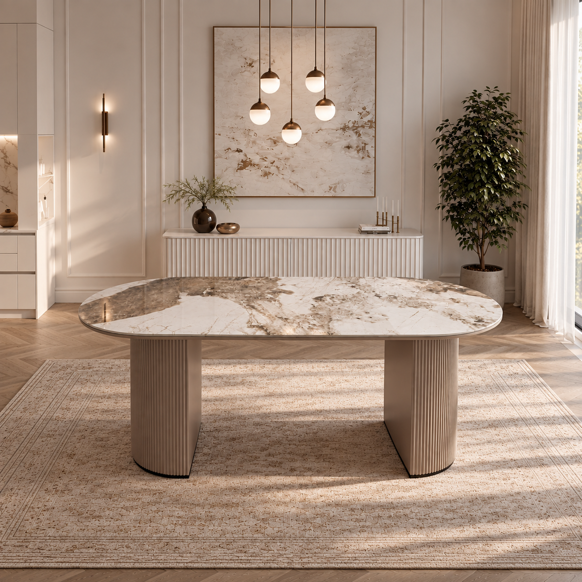 Slatted dining table beige base