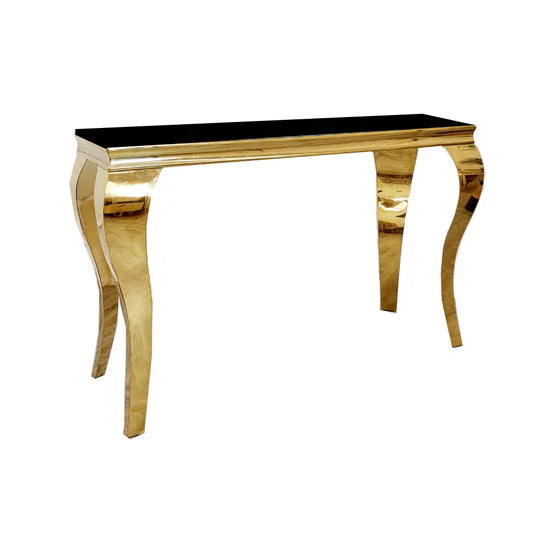 Louis Gold Console Table in Black Glass Top